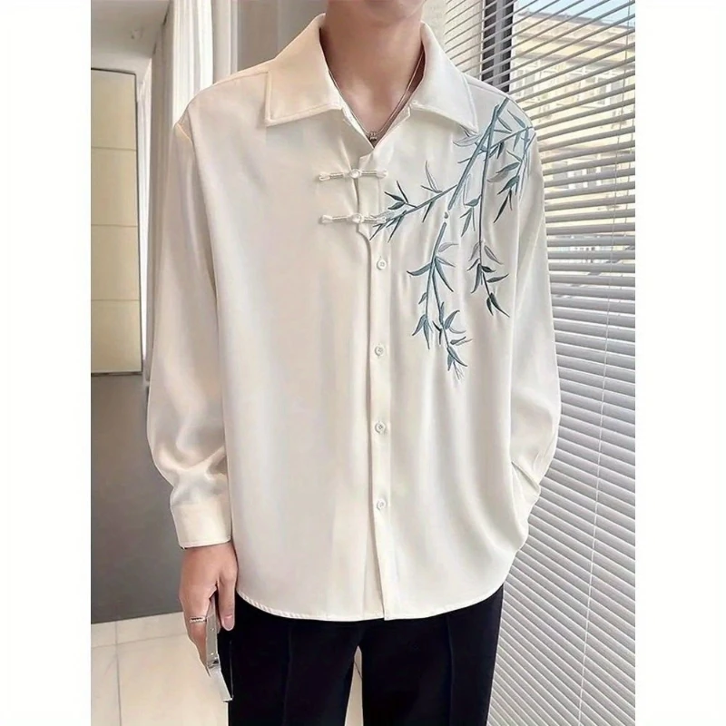 2024 New Spring and Autumn Chinese Style Fashionable Casual Loose Long Sleeved Printed Flip Collar Embroidered Men\'s Shirt Top