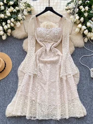 Spring France Elegant Vintage High End Evening Dress Women 3D Flower Lace Hollow Out Party Dress Female Casual Chic Clothing New