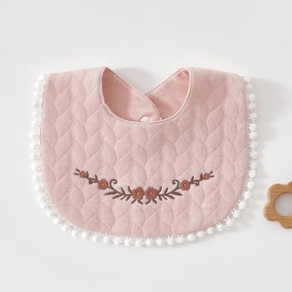 

Baby Girl Bibs Round Neck Rotatable Absorbent Teething Drooling Bibs Flower Embrodiery Autumn Winter Newborn Feeding Burp Cloth
