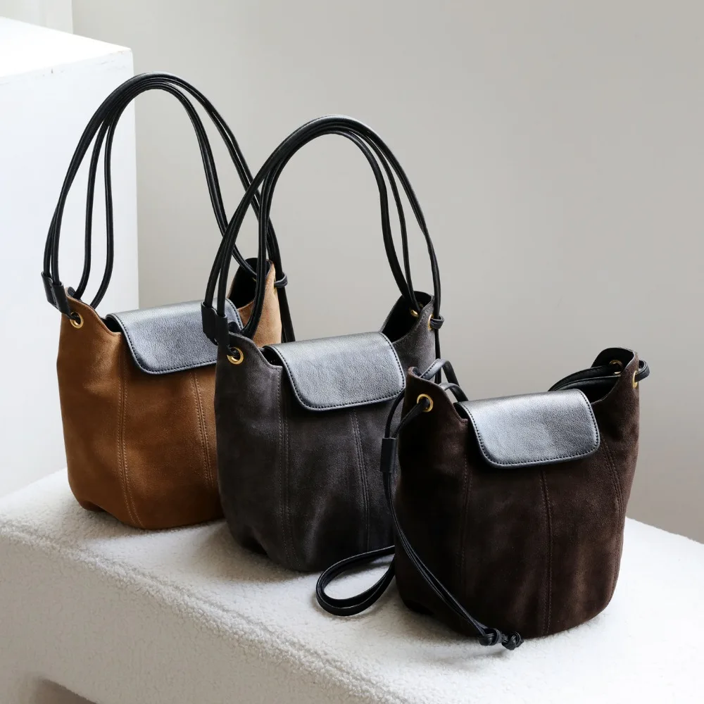

Niche Portable Matte Leather Bucket Bag Women's High Mercerized Suede Contrasting Color Light Luxury Shoulder Messenger Bag