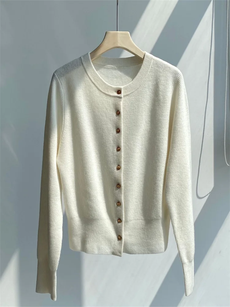 100% Wool Knit Cardigan for Women 3 Colors Round Neck Lady Long Sleeve Slim Sweater Knitwears Top Autumn Winter