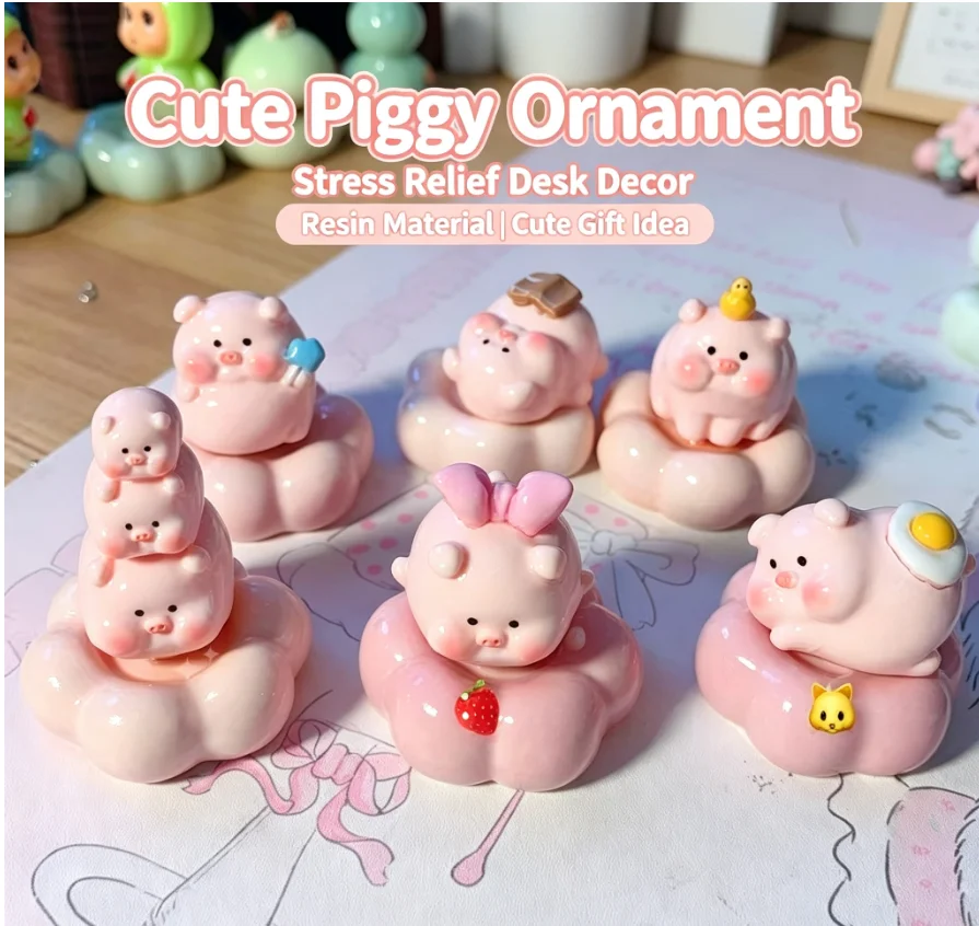 6PCS Rotating Resin Pig DIY Decor Set, Cute Stress Relief Figurines for Office Car Desk, Creative Ornament Gift