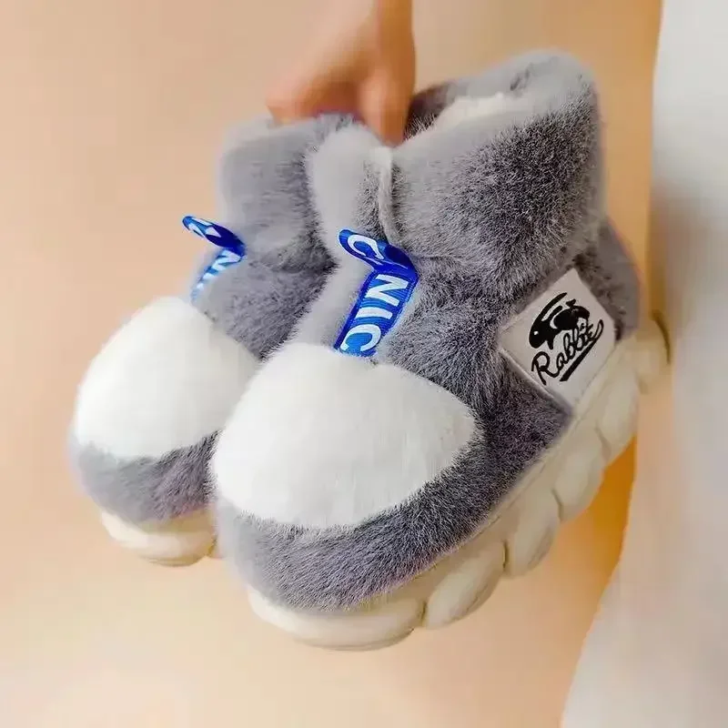 

Rabbit Plush Slippers Women Winter Warm Shoes Lining Indoor Cotton Slipper Couple Platform High Top Snow Boots Male Home Slipper