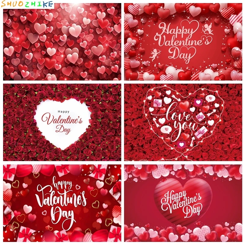 

Happy Valentine's Day Theme Photography Background Red Rose Love Heart Valentines Party Banner Decoration Backdrop Supplies