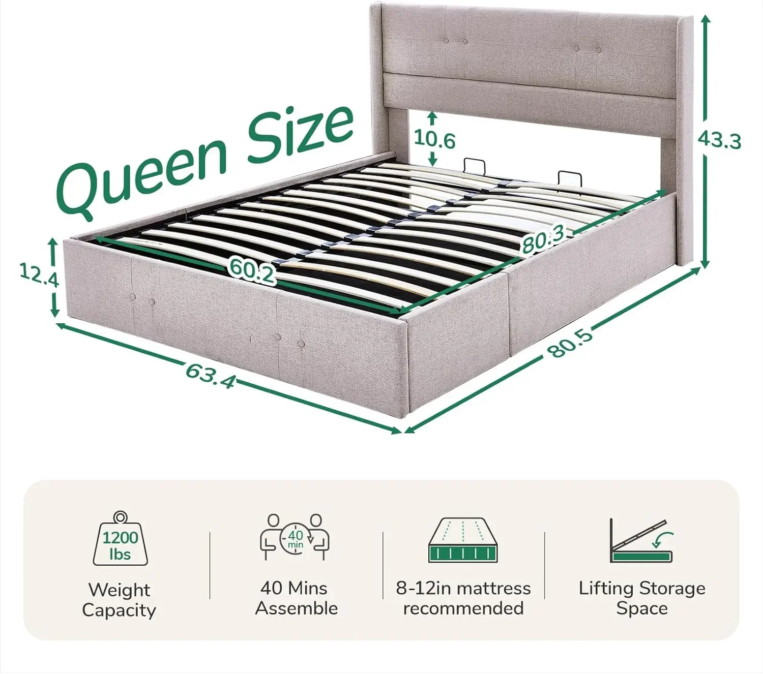 Cama de almacenamiento elevable tamaño Queen Novilla, con cabecero de tela, almacenamiento hidráulico, no necesita somier, soporte de listones de madera, Upholst