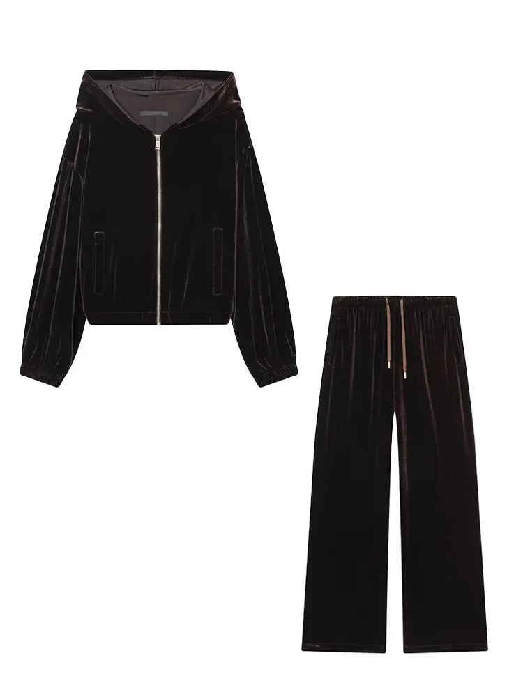

HH Женская осенняя бархатная куртка на молнии с капюшоном и длинными рукавами, прямые широкие брюки на шнурке, женский повседневный свободный комплект из двух предметов