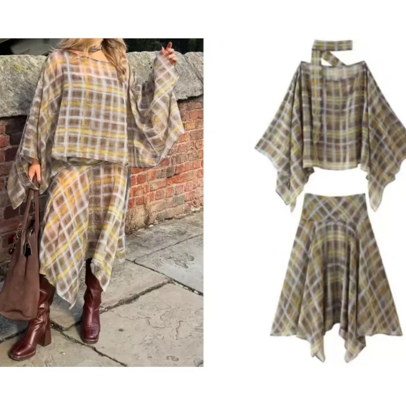 여성 체크무늬 스카프와 망토 세트 가을 비대칭 밑단 미디 스커트 투피스 O넥 긴팔 캐주얼 여성 의상