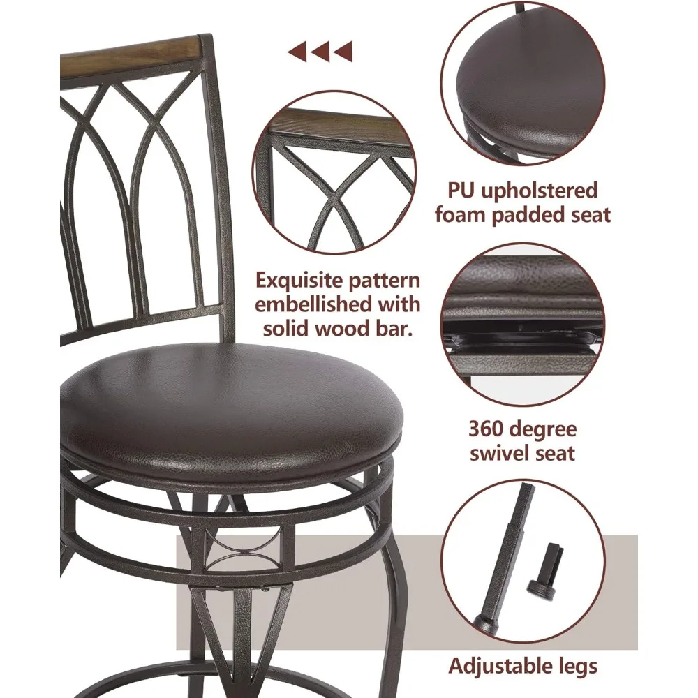 Swivel Bar Stools Set com encosto, assento ajustável, altura Bar Stool, PU Leather, ilha de cozinha, conjunto de 2, 24 ", 29"