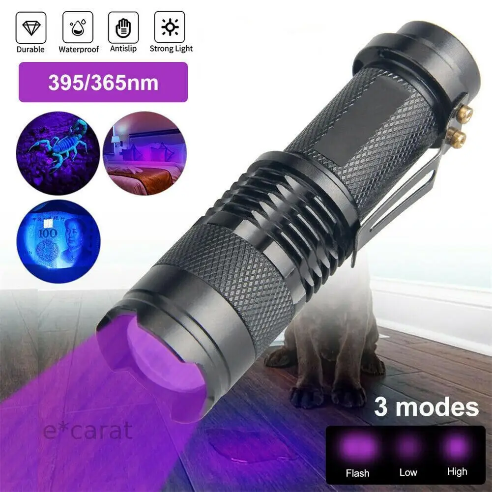 

395nm Mini UV Flashlight With Clip 3 Modes Adjustable Urine Detector For Camping Cycling Mountaineering