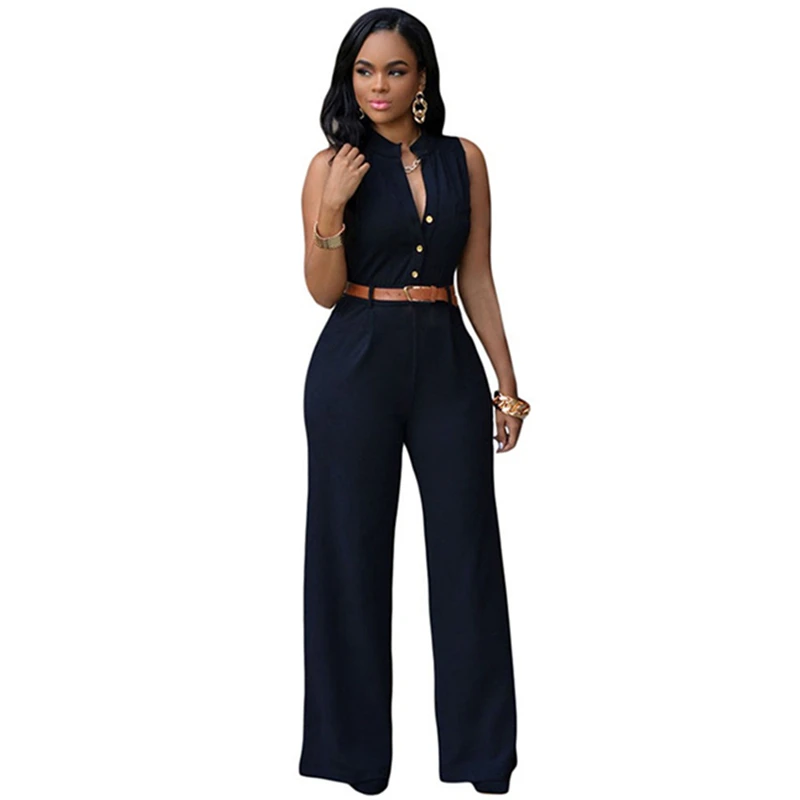 Elegante frauen Overalls Gürtel Pendeln Sommer Hohe Taille Breite Bein Taste V-ausschnitt Ärmellose Casual Mode Sexy Einfarbig Bod