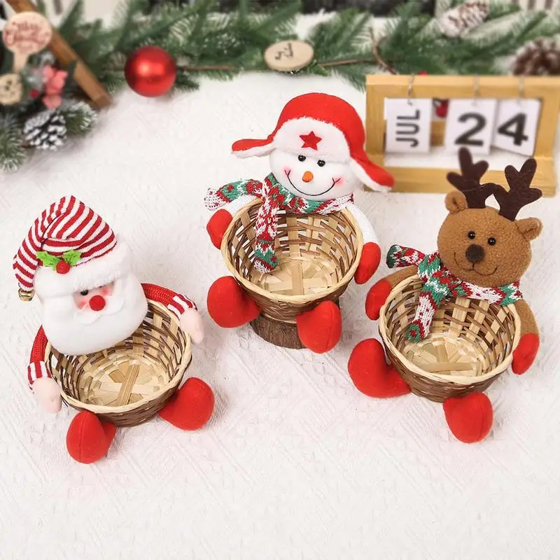 Christmas Gift Storage Baskets With Plush Santa Claus Doll Holiday Ornament With Elk Snowman Party Baskets For Candies Snacks