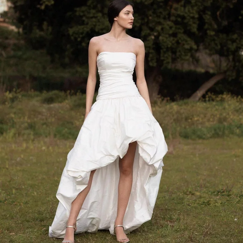 

Vintage Taffeta Wedding Dress with Off-Shoulder Design, Front Short Back Long, Niche Bride Outdoor Wedding, Slimming Main Gown,
