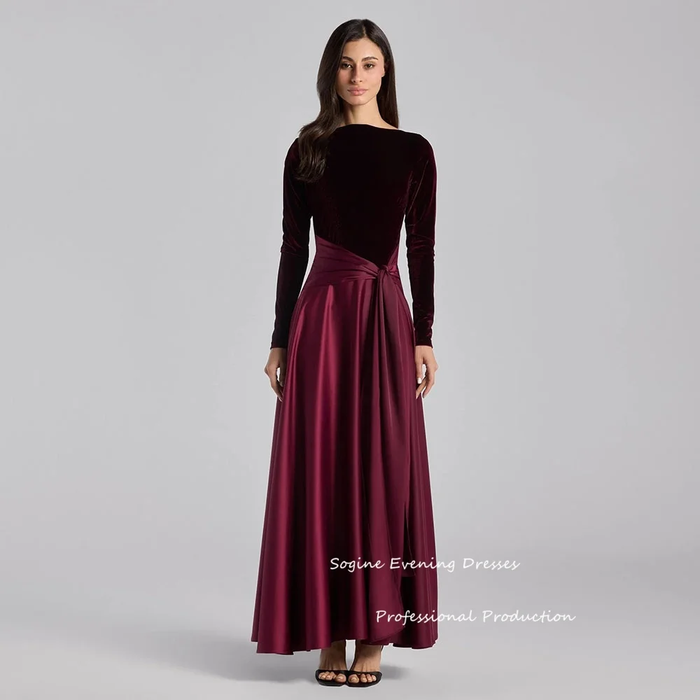 فساتين سهرة مخصصة من الساتان المخملي للنساء بخصر عالٍ على شكل حرف a وأكمام طويلة للحفلات الراقصة فساتين رسمية بطول الكاحل منخفضة