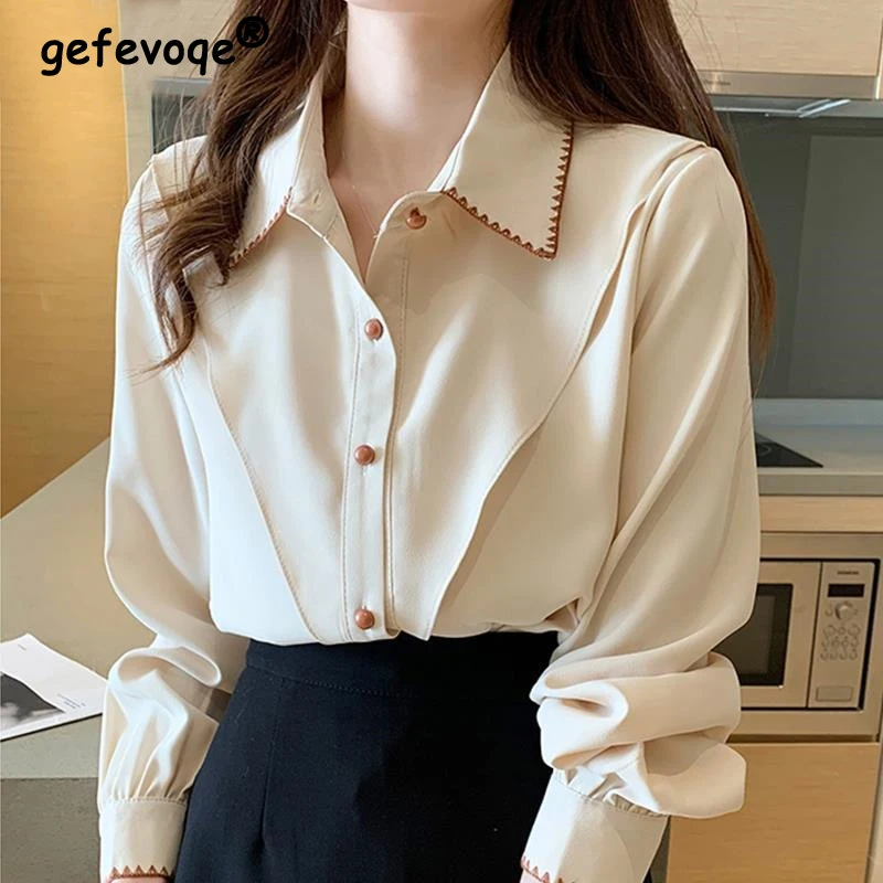 Women\'s Stylish Turn Down Collar Embroidered Design Shirt Office Lady Elegant Commute Blouse Solid Long Sleeve Loose Chic Tops