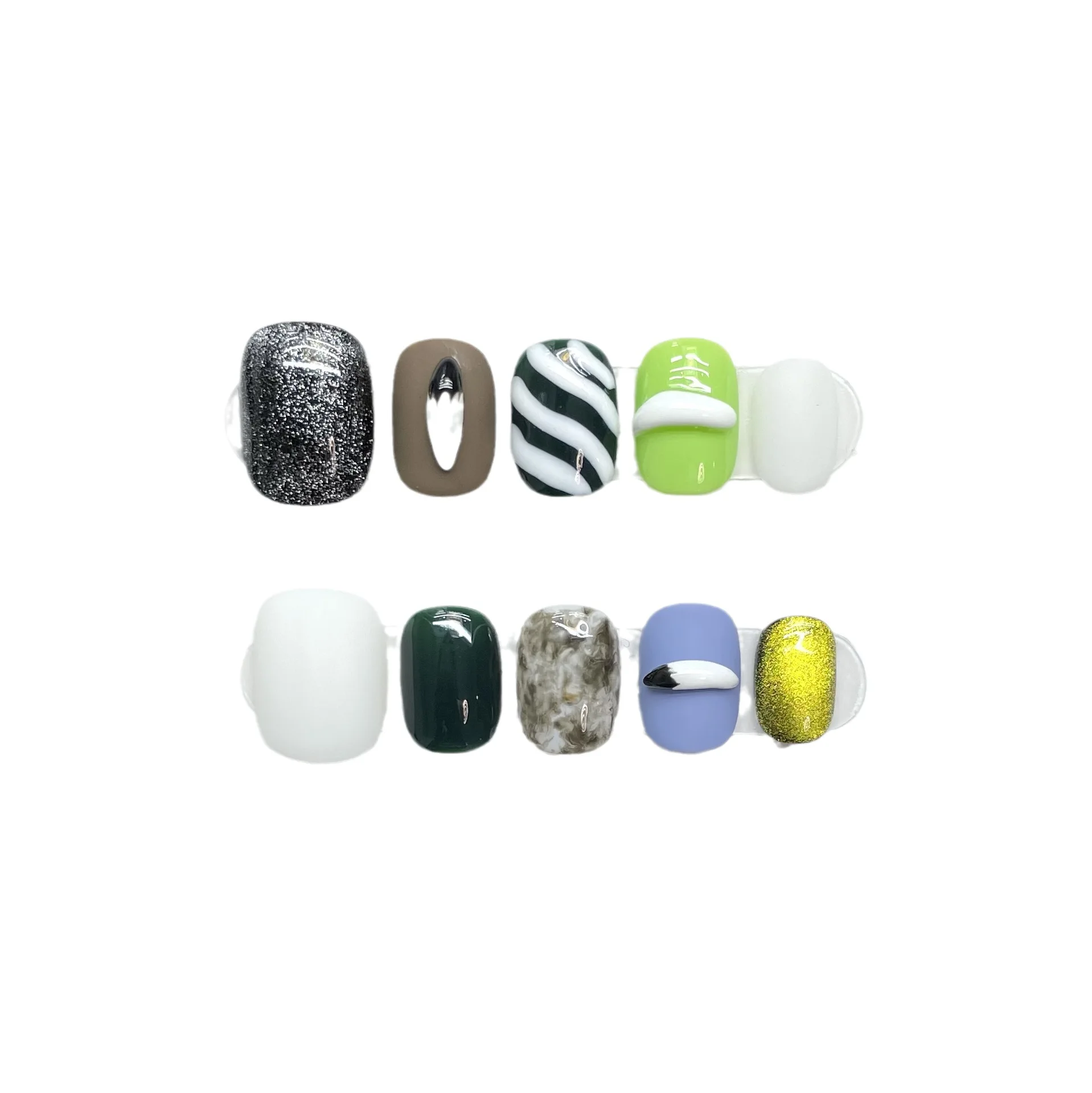10 pcs Luxury Handmade Press on Nails Short Circle Contrasting Graffiti Design with 4-PIECE Tool Adhesive Nail Glue Tabs
