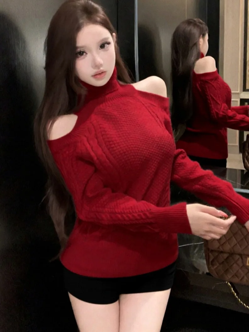 

Ретро-свитер с открытыми плечами, вязаный, красный, свободный крой, дизайнерский, осенне-зимний, модный