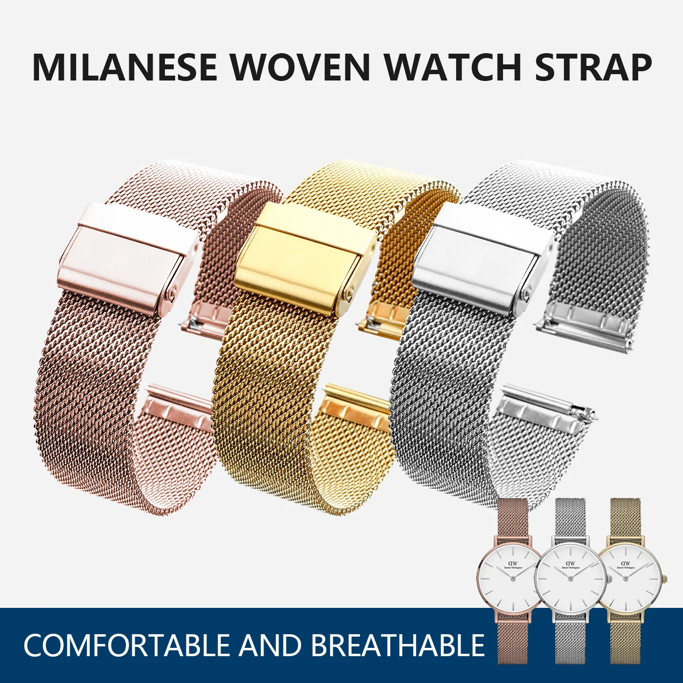 

18mm 20mm 22mm Quick Release Stainless Steel 0.6 Line Mesh Bands Milanese Watch Strap Replacement for Universal Watch Bracelet