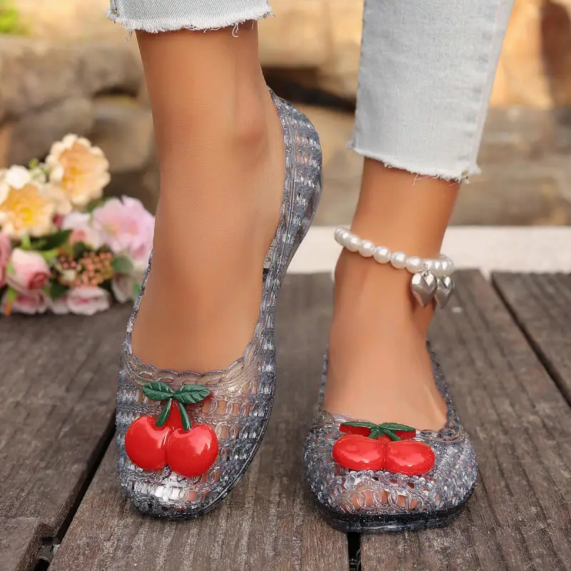 Cute Cartoon Cherry Transparent Jelly Shoes Women Summer 2026 Comfort Thick Bottom Hollow Out Clogs Sandals Women Ballet Flats