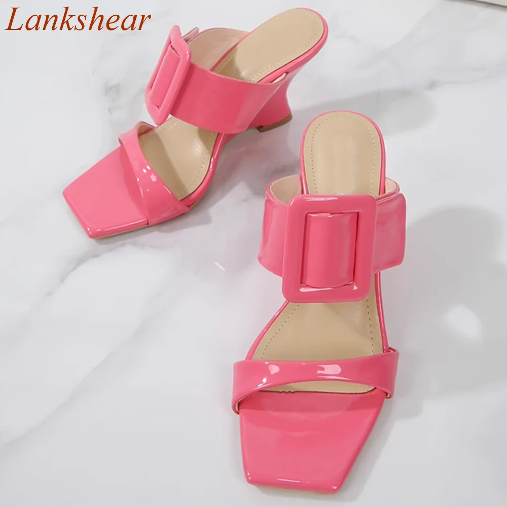 Square Toe Square Buckle Women Slippers Solid Wedges Fashion Summer Niche Design Straight Strap  Women Shoes 2024 New Arrivals