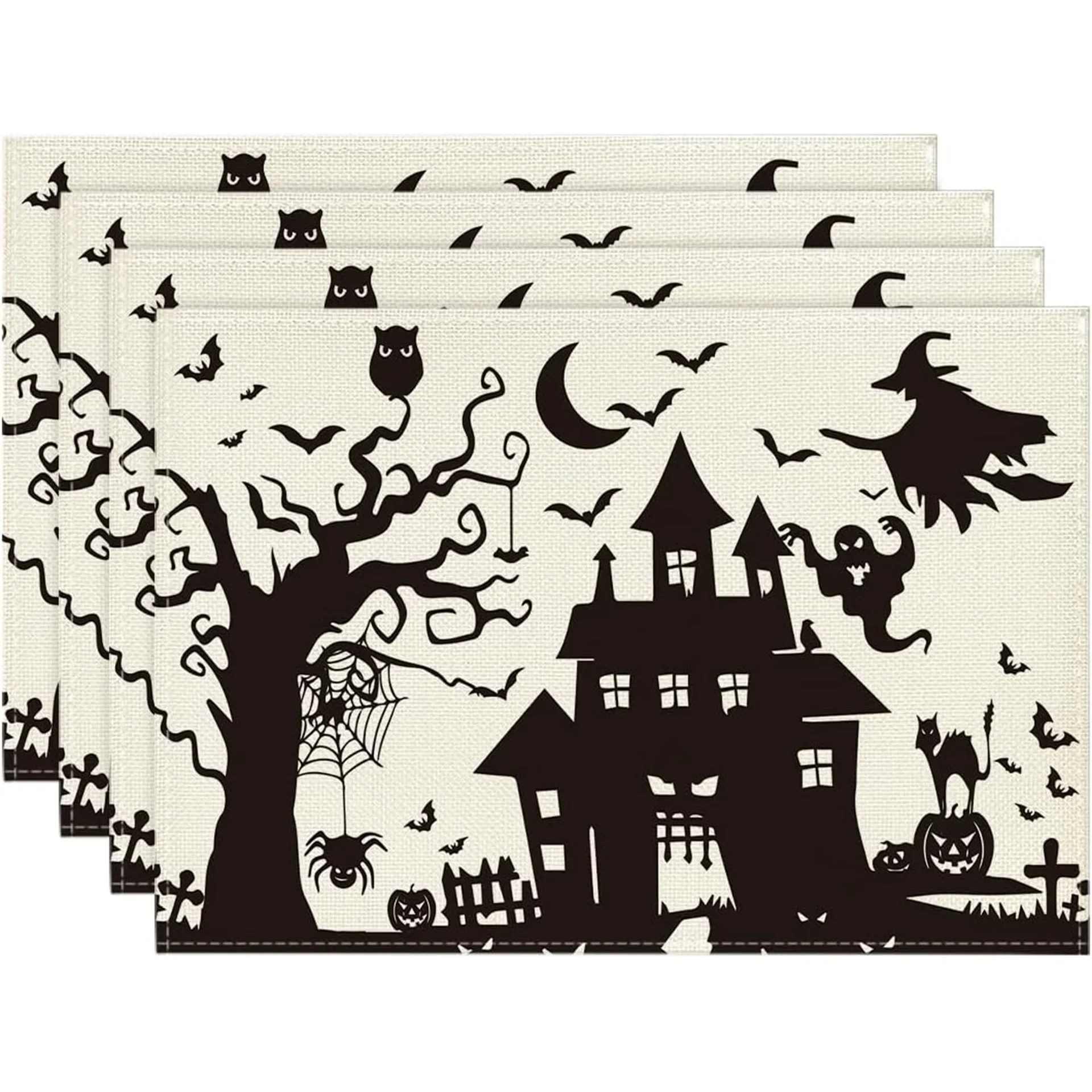 Autumn Halloween Haunted House Skull Printed Placemat Stain-Proof Heat-Resistant Dining Table Decor Linen Printed Mat