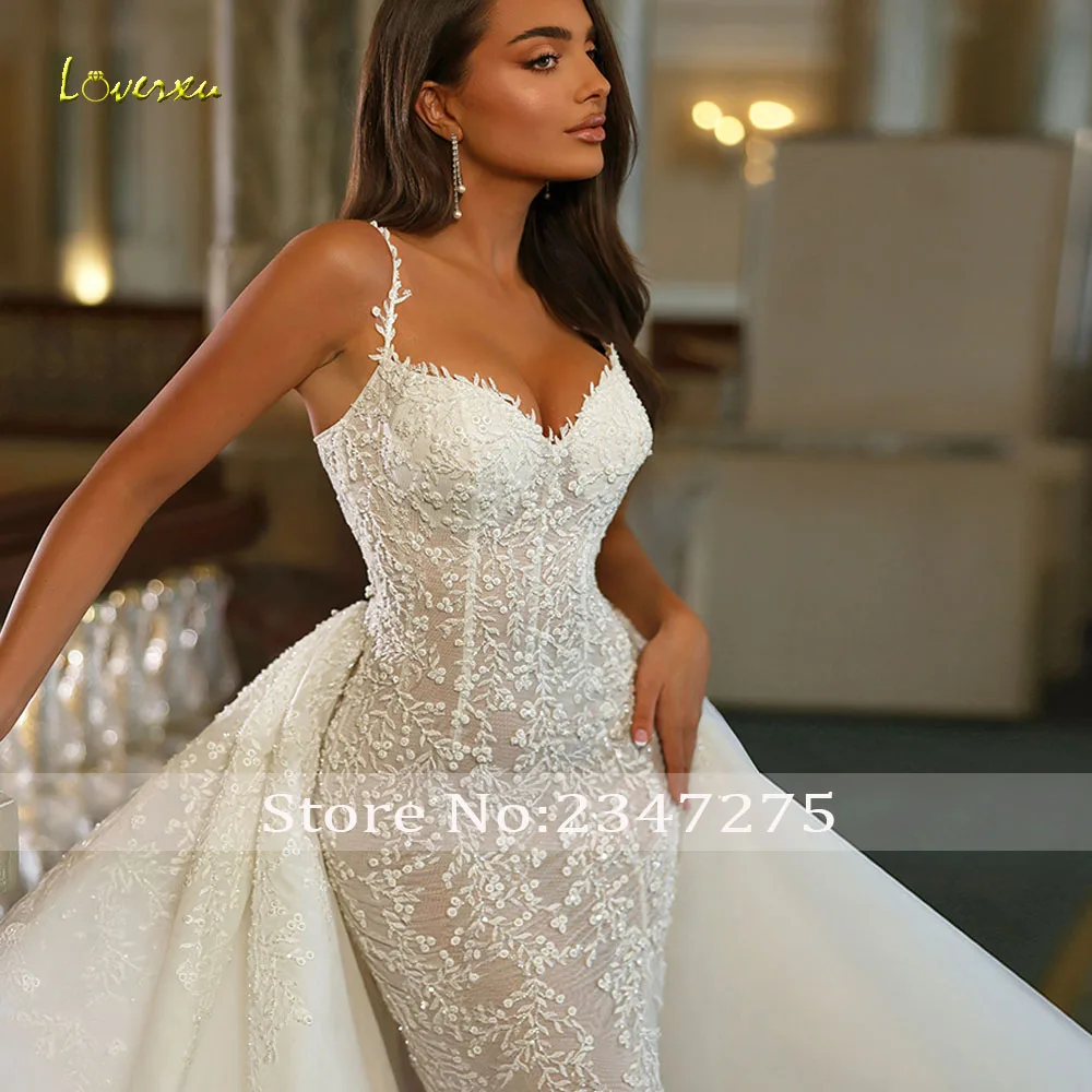 Loverxu Mermaid Sexy Wedding Dresses Spaghetti Straps Vestido De Novia Lace Appliques Detachable Train Custom Made Bridal Gowns