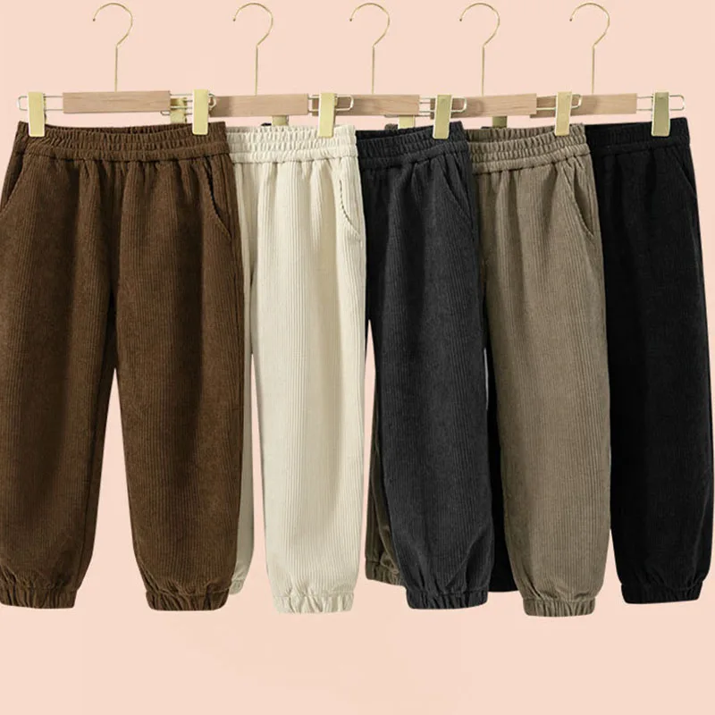 

Брюки для девочек-подростков и мальчиков Вельветовая одежда Зима-Осень Широкие брюки с высокой талией Повседневные школьные длинные брюки Зеленый Черный Бежевый