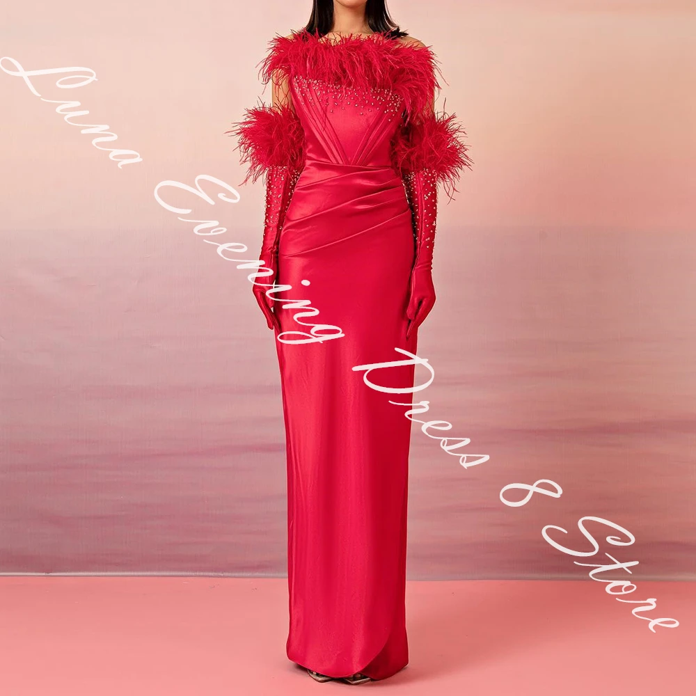 Customized Luxury Satin Straight Detachable Sleeve Feathers and Crystal Evening Dress Scalloped Back Slit Sweep Train Sexy