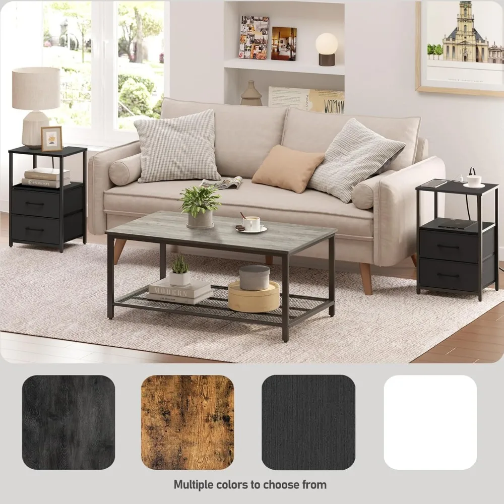 طاولة نهاية TUTOTAK مع قاعدة شحن، طاولة جانبية مع منفذي USB ومنافذ، منضدة مع درج من القماش، مجموعة من 2، أريكة #6