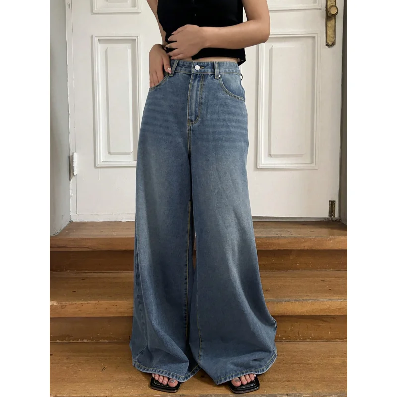 

American Style Bowknot Print Pocket Wide Leg Jeans for Women Loose Casual Extra Long Floor-Length Pants