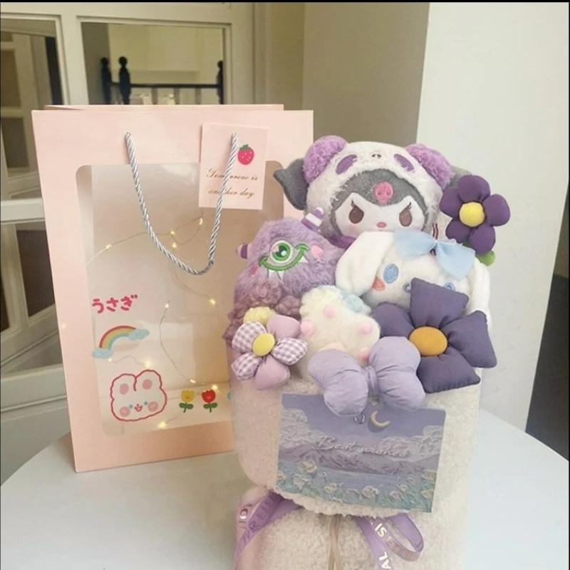 Miniso Sanrio Kuromi My Melody Pudding Dog Cinnamoroll Doll Bouquet Cartoon Doll Birthday Gift Finished Product