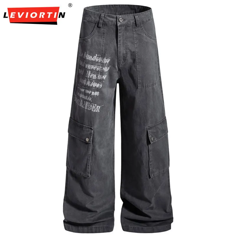 Spring/Autumn Men's Retro Trendy Punk Washed Outdated Multi Pocket Design Graffiti Letter Printed workwear Wide Leg Cowboy Pants