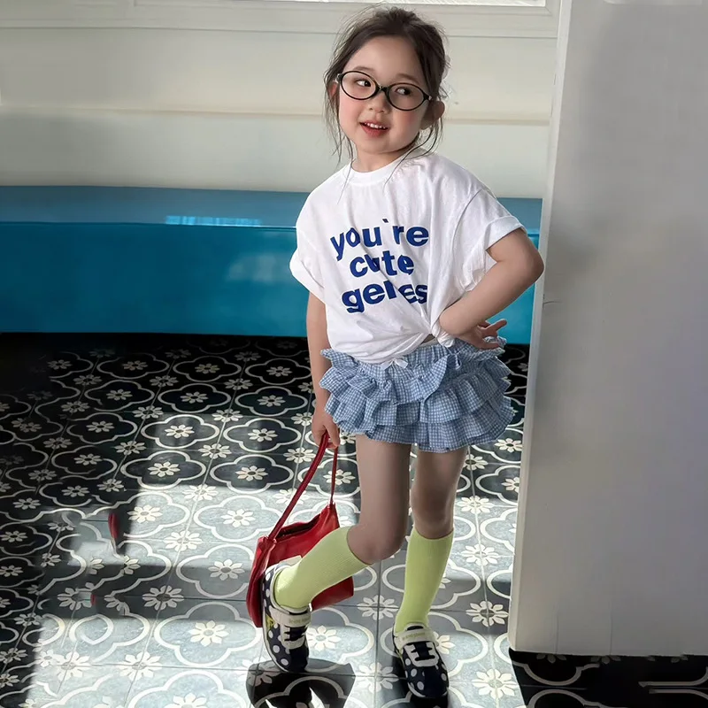 

Girls Set 2025 Summer New Childrens Wear Korean Style Baby Girl Printed Short-sleeved T-shirt Plaid Cake Skirt Two-piece Set