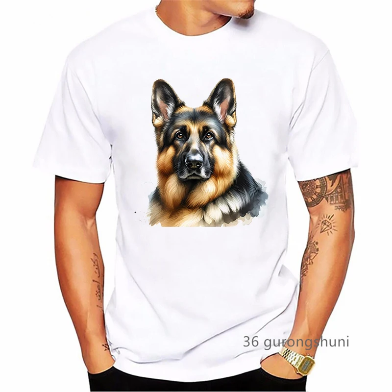 Watercolor German Shepherd Animal Printed Tshirt Men Dog Lover T Shirt Homme Summer Fashion Short Sleeve T-Shirt