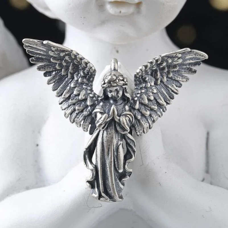 Vintage Gold color Wings Silver Color Angel Girl Distressed Pendant Necklace Charm Prayer Amulet Angel Girl Necklace