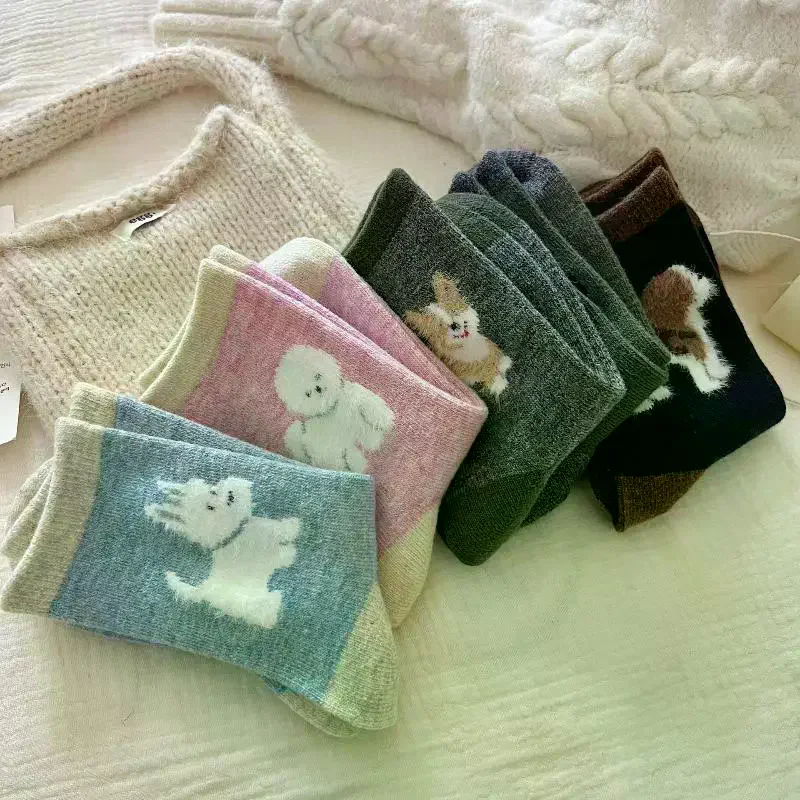 1/5Pairs Kawaii Plush Dog Pattern Women Socks Funny Cartoon Puppy Mid Tube Socks Autumn Winter Casual Warm Hosiery