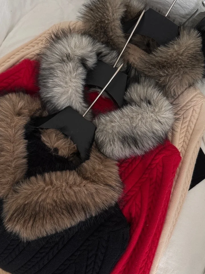 Suéter de punto Retro para mujer, corte entallado, cintura ceñida, cuello abierto, adorno de piel sintética, Top elegante Sle para otoño e invierno