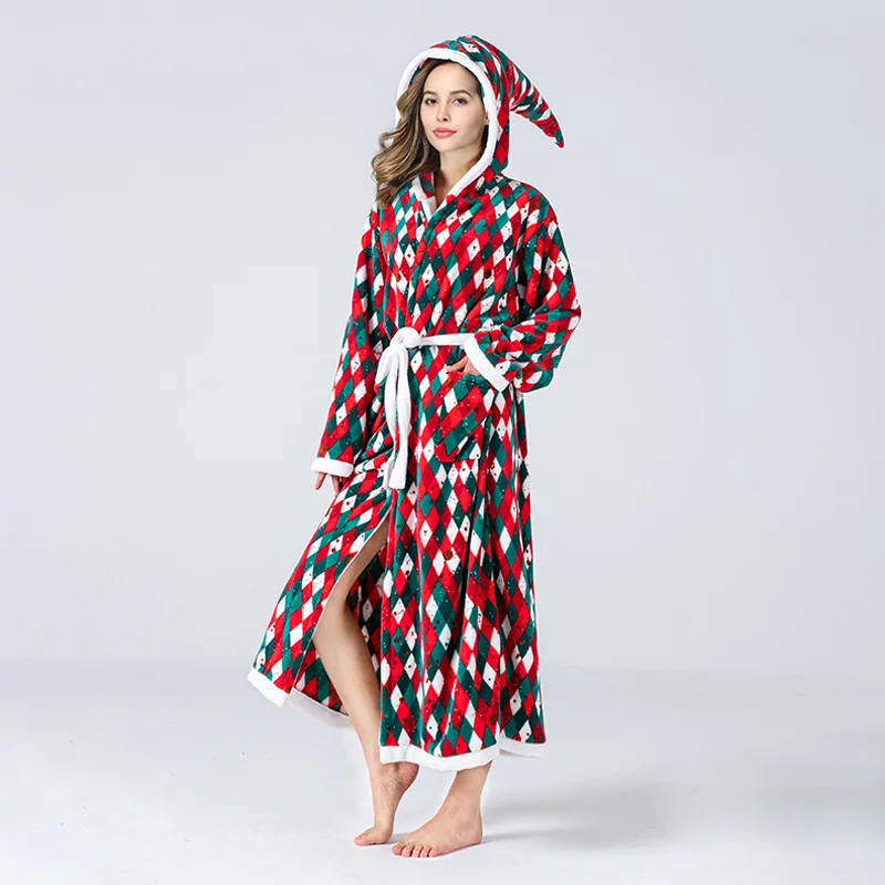 New Arrival Christmas Checkered Bathrobe Wizard Hat Hooded Color Block Lace Up Flannel Nightgown Lingerie Women Pajama Pajamas