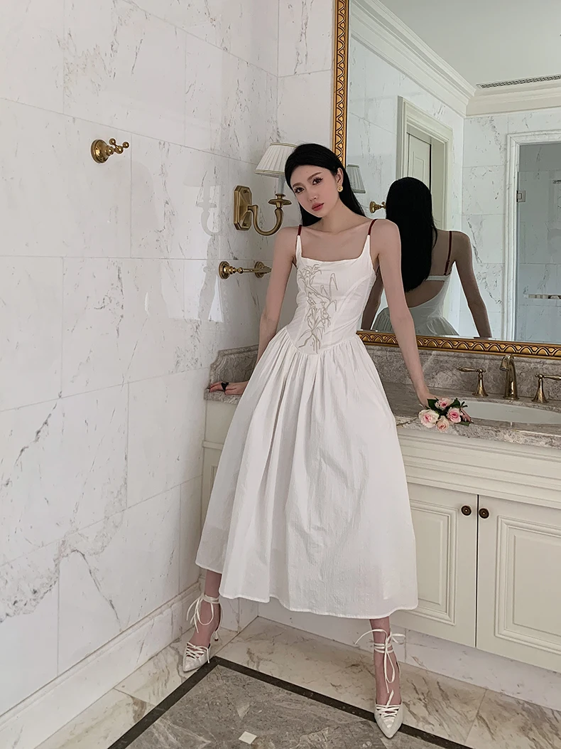 CHEERART Backless Embroidered Vintage Corset Dress White Black Ball Gown Long Midi Birthday Dress For Women Luxury 2023