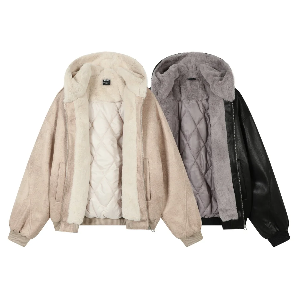 Jaqueta de couro feminina com capuz preto moda casal rachado casaco de pele de carneiro falso com pele macia quente pelle pelle jaquetas de couro