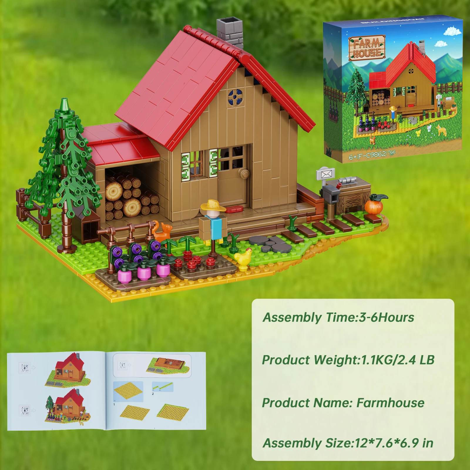 MOC Valley Rural Farming House Building Block Set with Box Rural Animals Trees Plants Bricks Model Toys Creative Building Toy