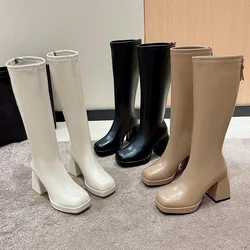 Black Winter Women Boots Fashion Platform Thick Heel Knee High Zipper Autumn Long Shoes  Square Heel Rubber Chelsea