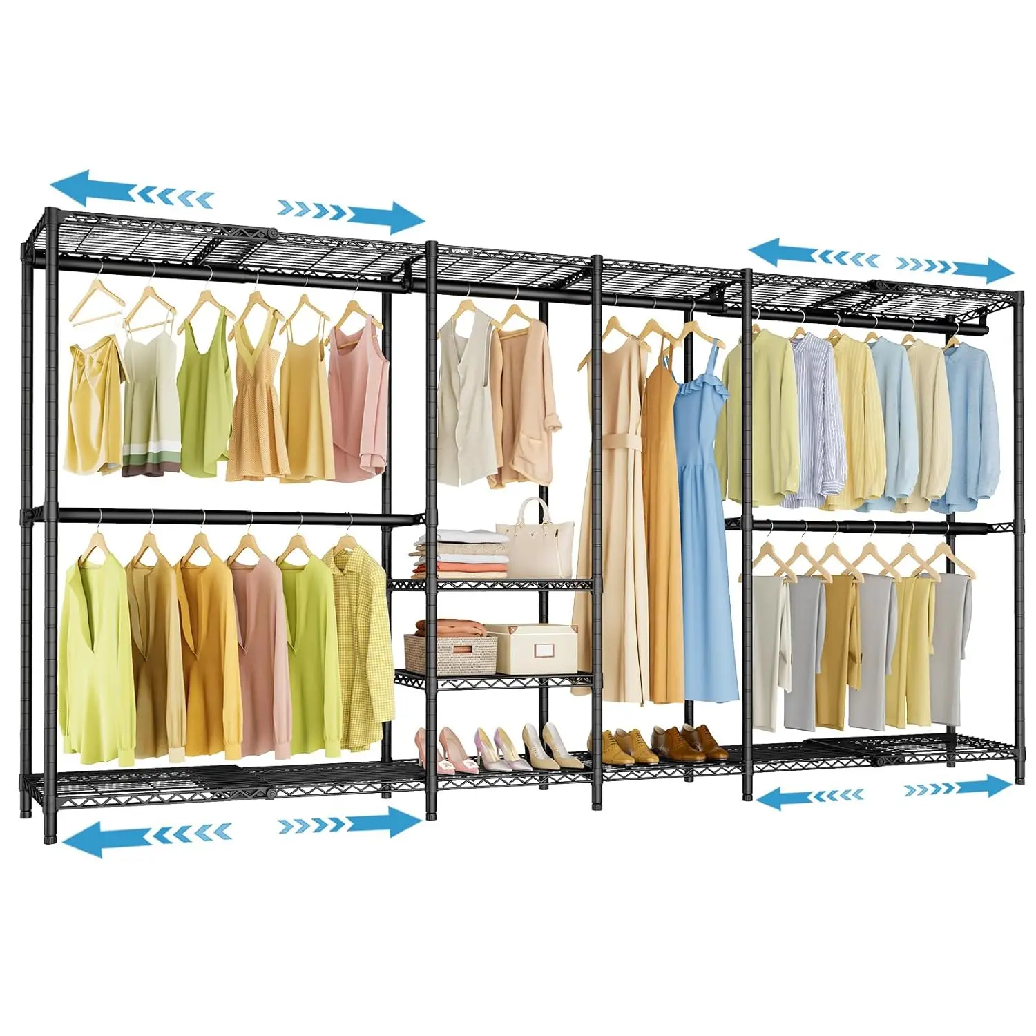 X4 Expandable Heavy Duty Clothes Rack, Adjustable from 7'4" to 10'2" with Adjustable Shelves and Hanger Rods, Large, Customized