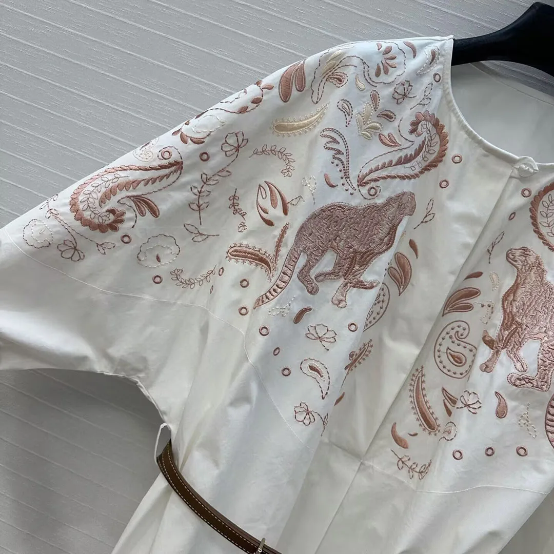 2025 New Autumn Fashion White Cotton Long Dress Women O-neck Lantern Sleeve Embroidery Cartoon Animal Flower Belt Boho Dresses