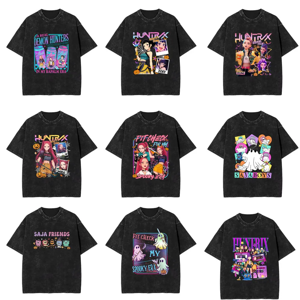 

Washed Vintage Kpop Demon Hunters Saja Boys Rumi Mira Zoey Derpy Tiger Print Tshirt Men Women Halloween T-shirt Male Cotton Tops