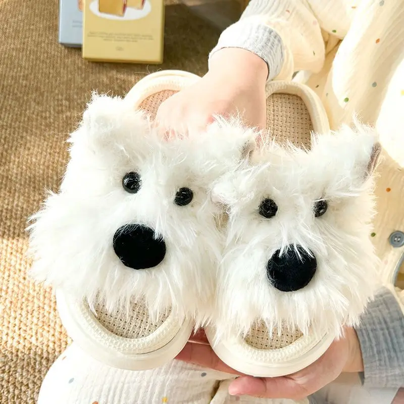 

New fluffy puppy flax slippers women autumn open toe slides shoes home slipper woman puffy dog cartoon animal odorless slipper
