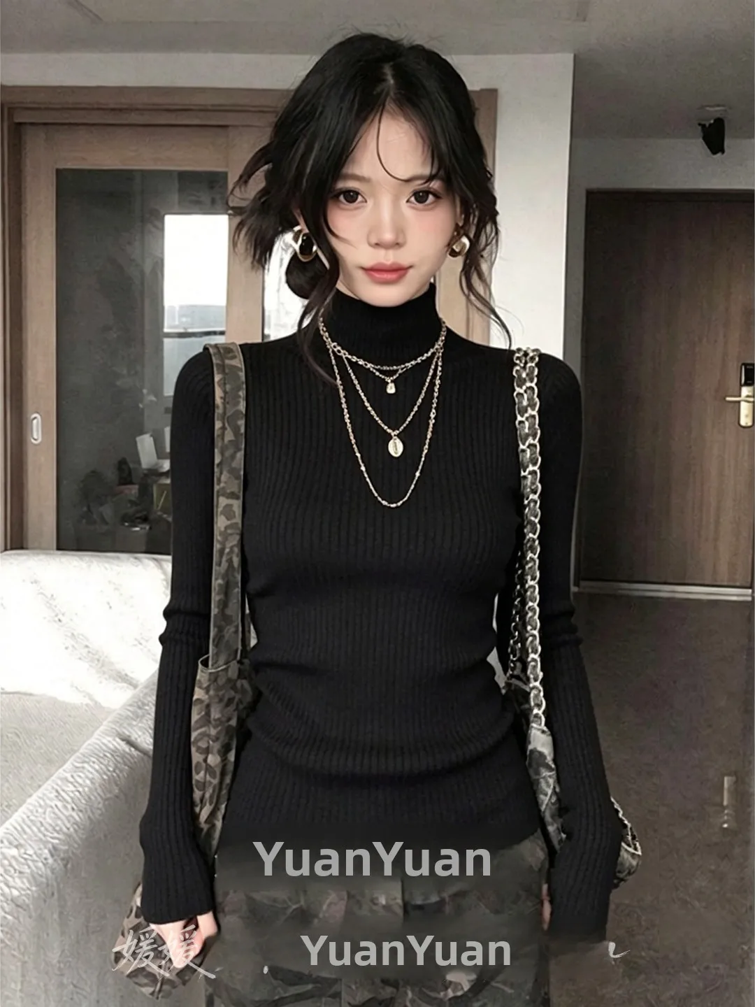 Slimming Effect One-Piece Fleece High Neck Waist-Cinching Knitwear Women's Style Korean Soft Long Sleeve Breathable Top