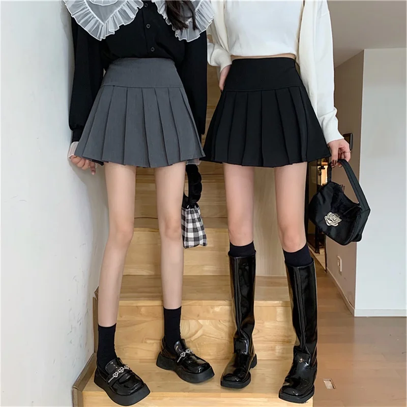 

202 New High Waist A-Line Pleated Skirt Women's plus Size Bla College Sle Skirt Spring Autumn Seasonal Faion