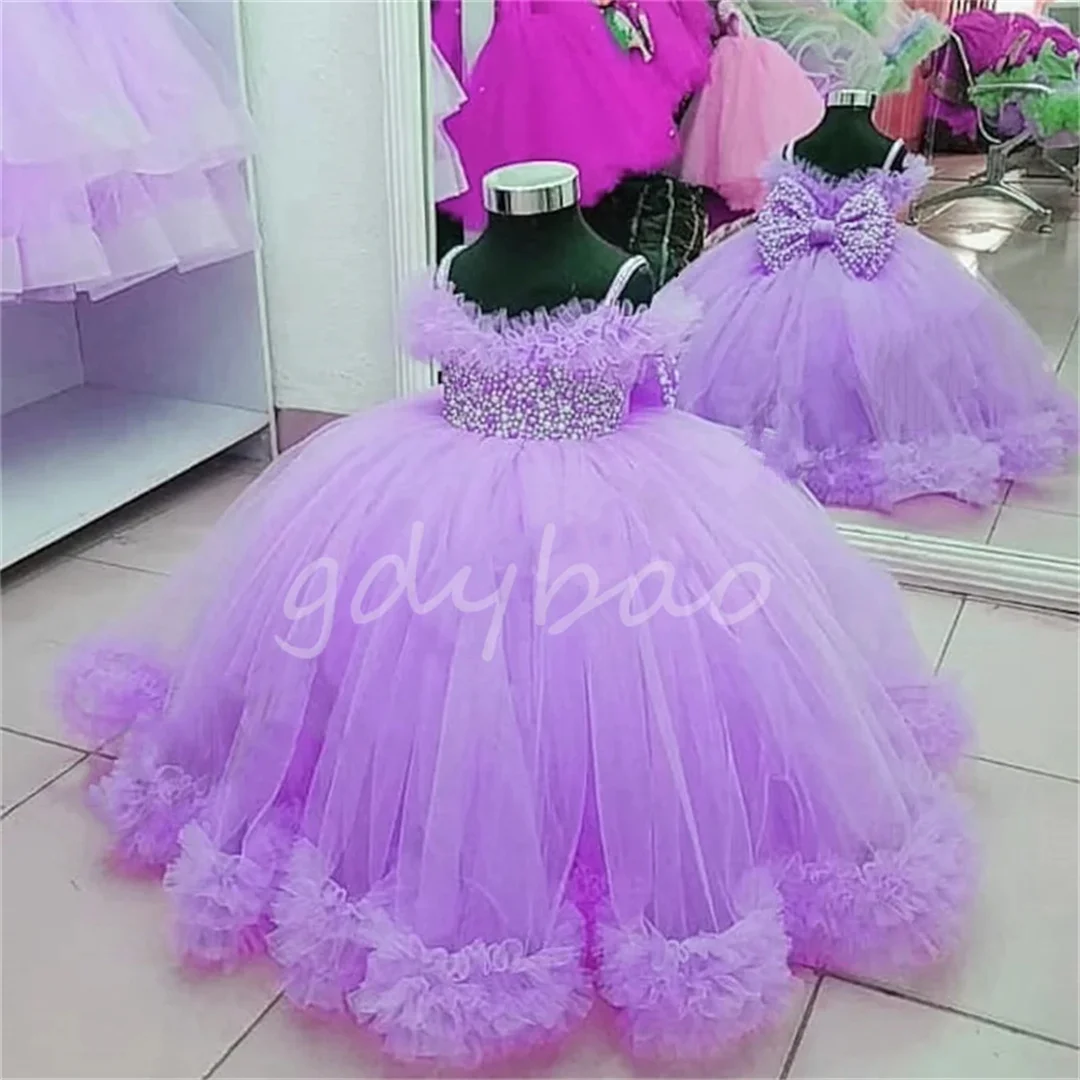 Toddler Flower Girl Dresses Tulle Pearls Bow Child Wedding Party Birthday Long Robe First Communion Gown for Baby Girls