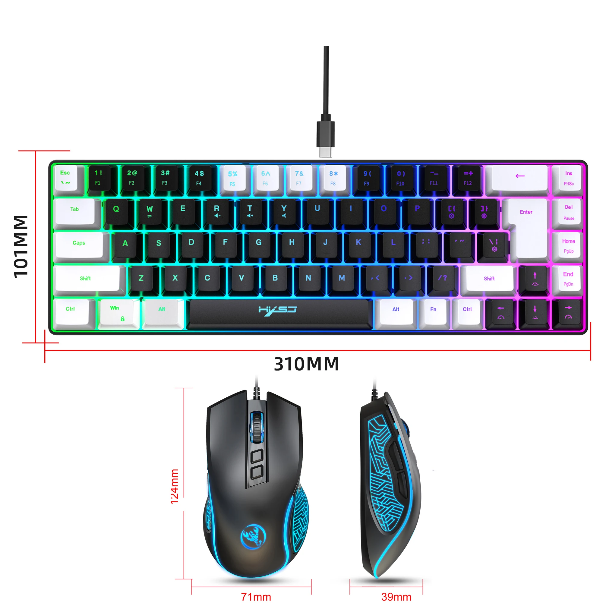 2024 neueste hxsj mini v200 68 tasten mechanisch fühlen tastatur kompakt rgb leuchtende gaming maus und tastatur kombinationen für pc-spiele