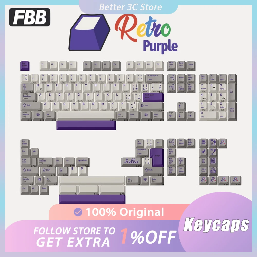 FBB-Retro Roxo Teclado Mecânico Keycaps Set, Sublimação Térmica PBT Keycap, Acessórios Personalizados PC Gamer, Presentes de Escritório